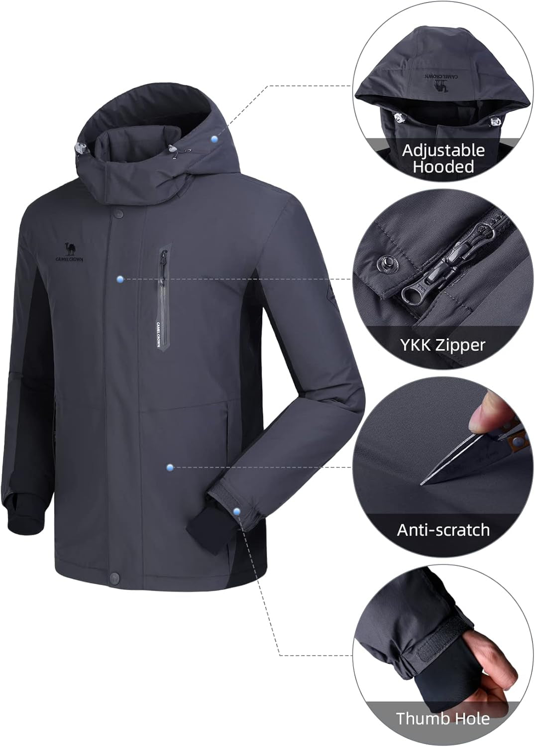 Men'S Winter Ski Jackets Warmth Coat Waterproof Detachable Hood Windproof Fleece Lined for Mountain Snow