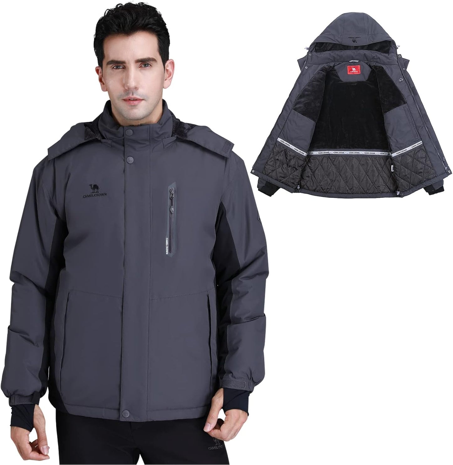 Men'S Winter Ski Jackets Warmth Coat Waterproof Detachable Hood Windproof Fleece Lined for Mountain Snow