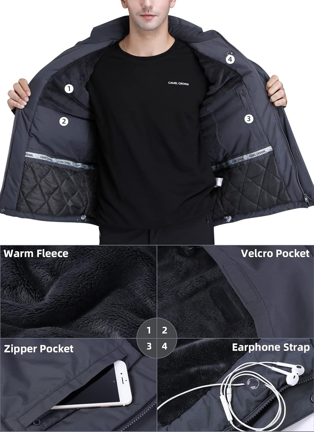 Men'S Winter Ski Jackets Warmth Coat Waterproof Detachable Hood Windproof Fleece Lined for Mountain Snow